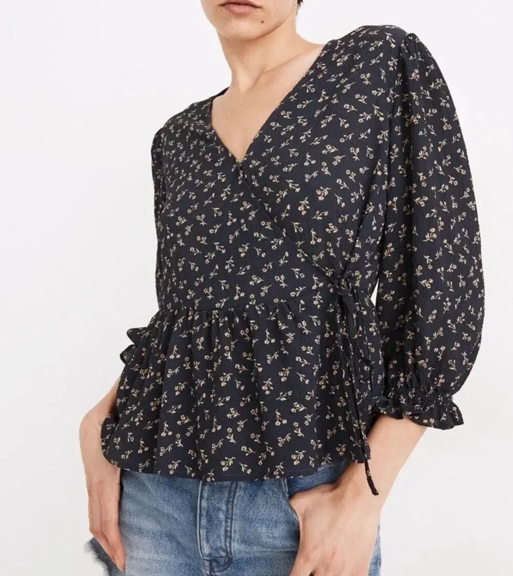 Madewell Peplum Wrap Top XS Spring Fling Floral Puff-Sleeve Blouse A009208